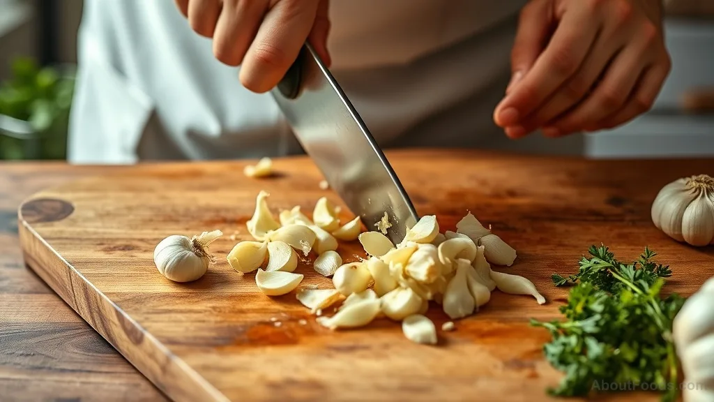 Chef mincing garlic and shallots together