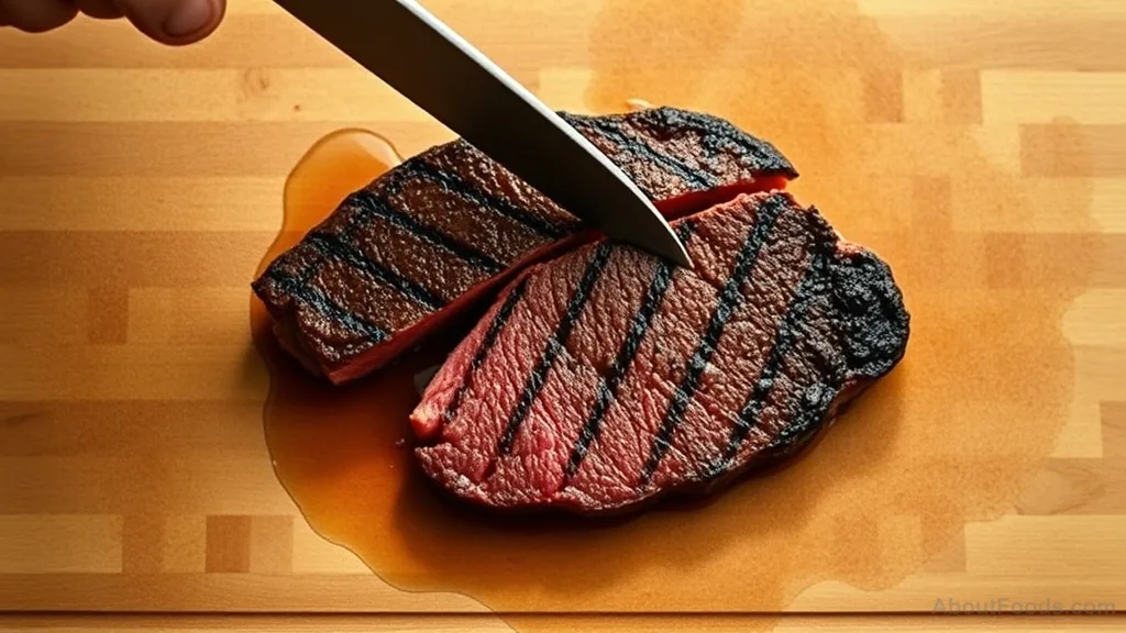 Sliced steak with juice pooling on cutting board