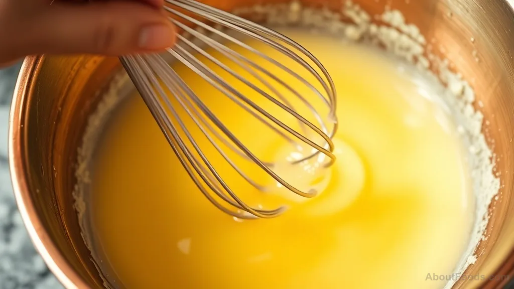 Hand whisking eggs and sugar to ribbon stage in copper mixing bowl