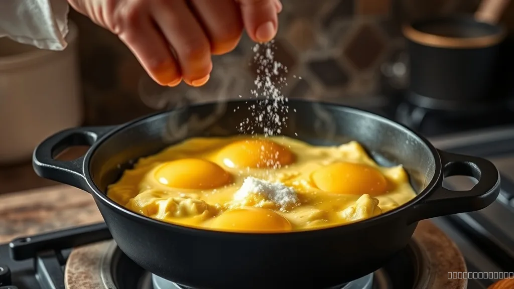 Seasoning scrambled eggs with salt after cooking in a skillet