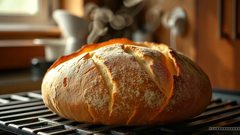 Freshly baked bread with scoring patterns and steam