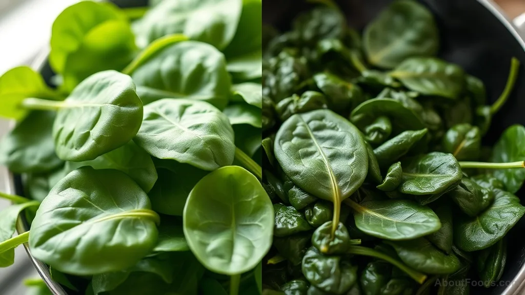 Comparison of fresh spinach wilting in heat versus raw spinach