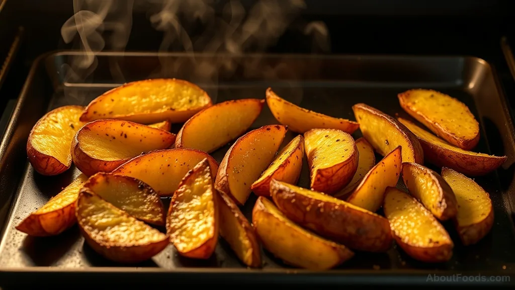 Crispy roasted potato wedges fresh from the oven