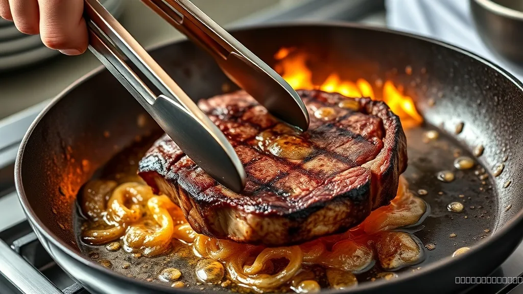 Chef flipping steak in hot pan