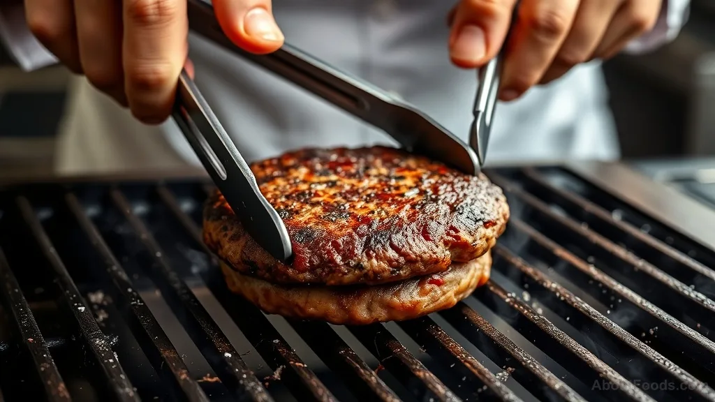 Chef flipping a burger with raw interior visible despite browned exterior
