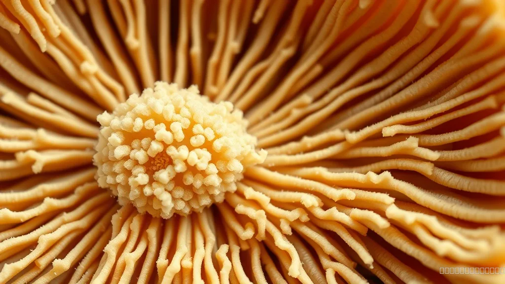 Close-up view of mushroom gills showing porous structure