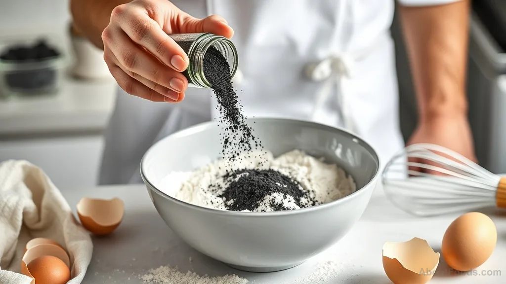 Chef adding activated charcoal powder to flour in a mixing bowl