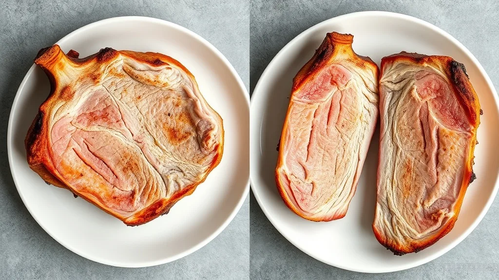 Comparison of overcooked versus properly cooked pork chops demonstrating carryover cooking effects