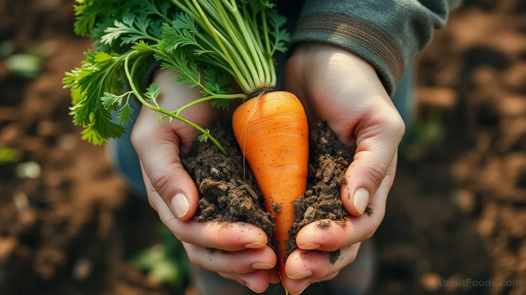 Farmer's hands holding fresh organic carrot with soil
