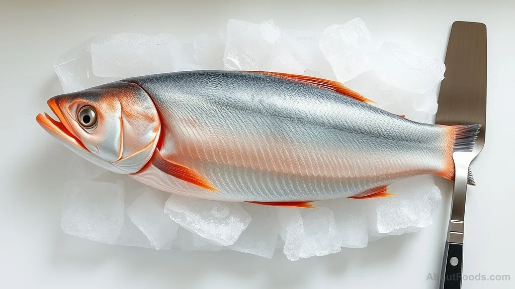 Whole farmed salmon on ice with spatula