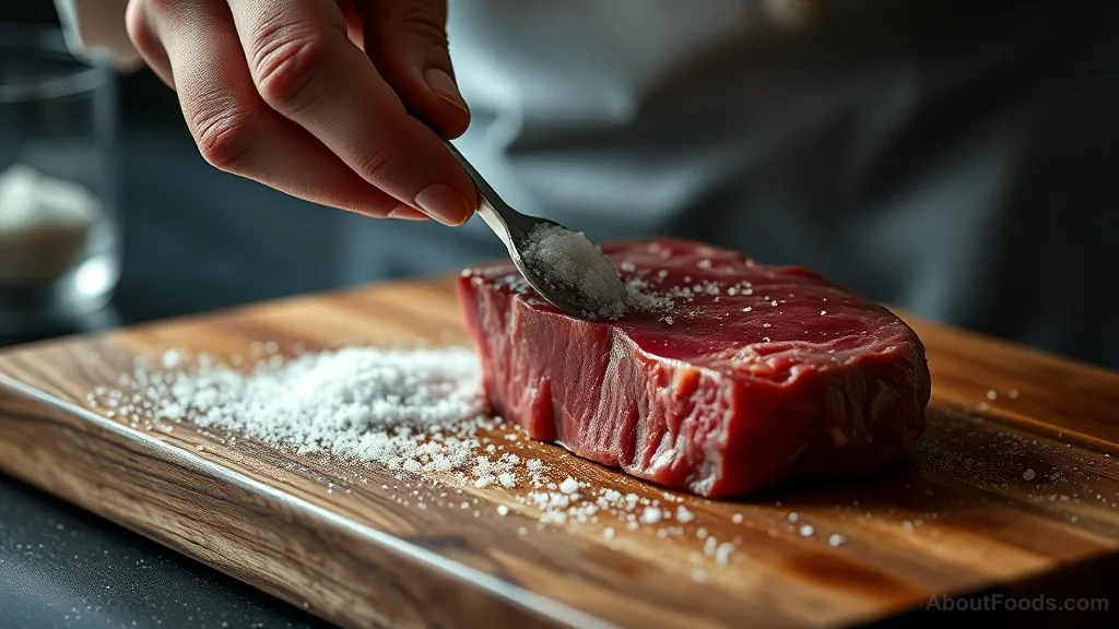 Hand salting a raw steak with coarse salt crystals