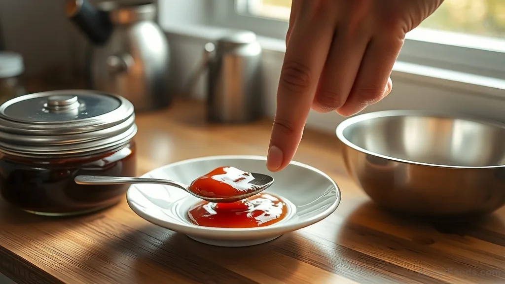 Hand performing the wrinkle test on a plate of cooling jam