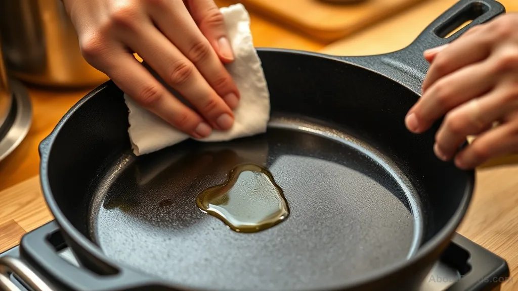 Person applying oil to clean cast iron skillet
