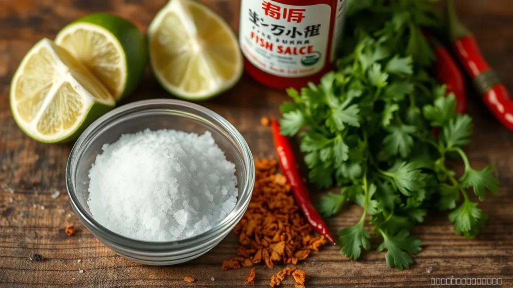 Seasoning ingredients including salt, lime, fish sauce, and herbs