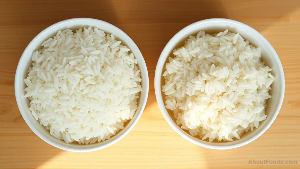 Comparison of perfectly cooked rice and overcooked mushy rice
