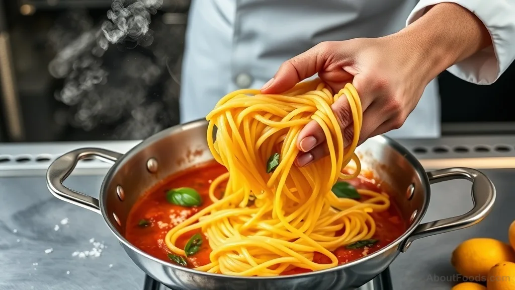 Hands tossing cooked pasta in a skillet with tomato sauce