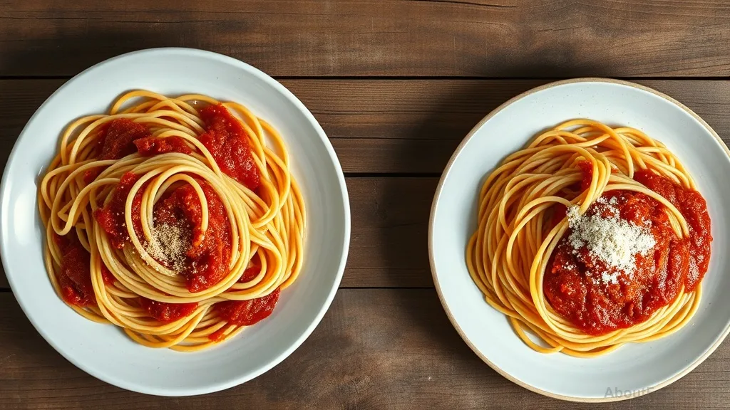 Comparison of properly seasoned pasta versus oversalted pasta with tomato sauce