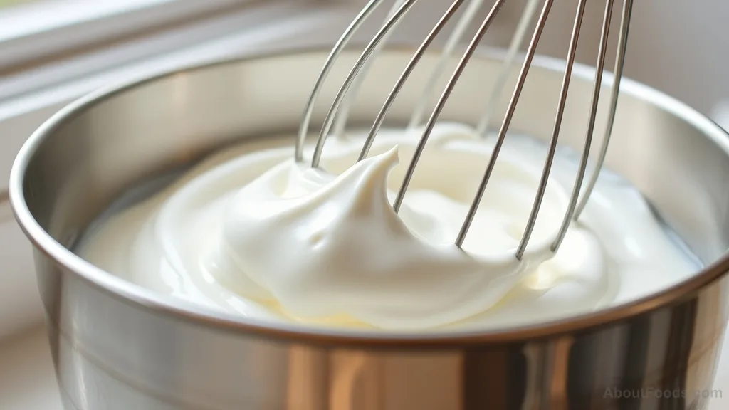 Egg whites being whisked to soft peaks in a stainless steel bowl