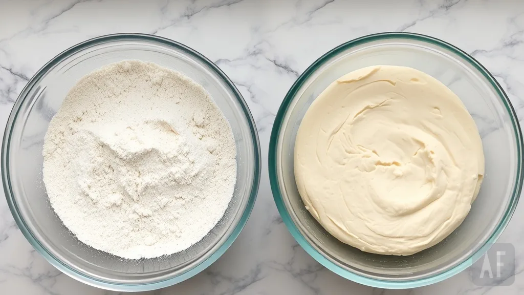 Comparison of flour and hydrated dough showing gluten development