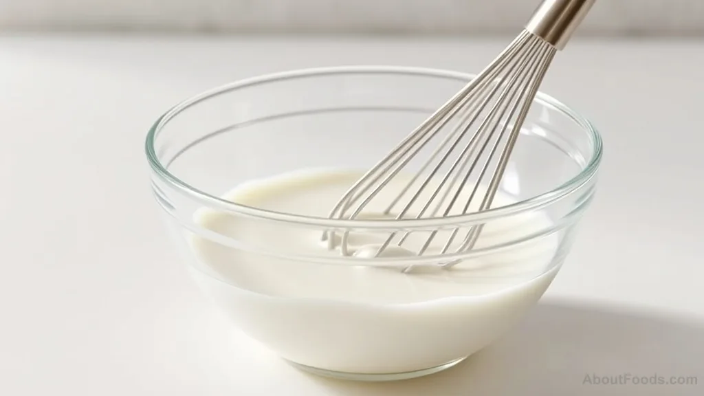 Whisked egg whites forming soft peaks in a glass bowl