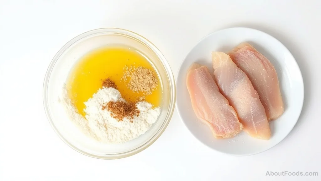 Breading setup with eggs, rice flour, and breadcrumbs