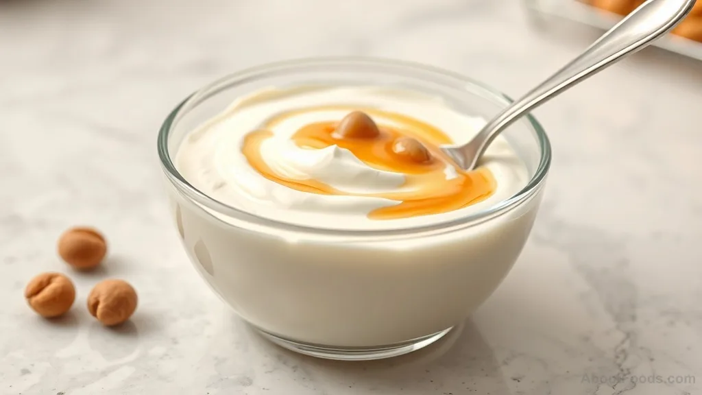 Creamy yogurt in a glass bowl with honey and nuts