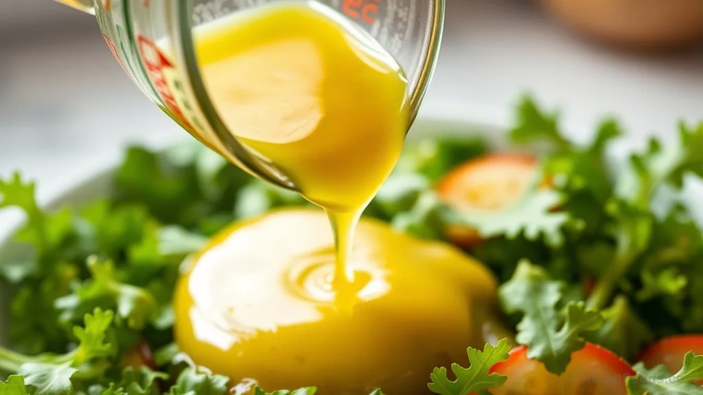 Emulsified vinaigrette being poured over salad