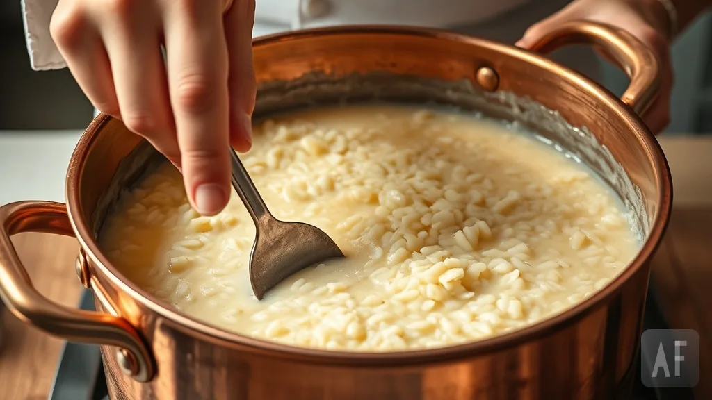 Stirring risotto to encourage starch release and gelatinization
