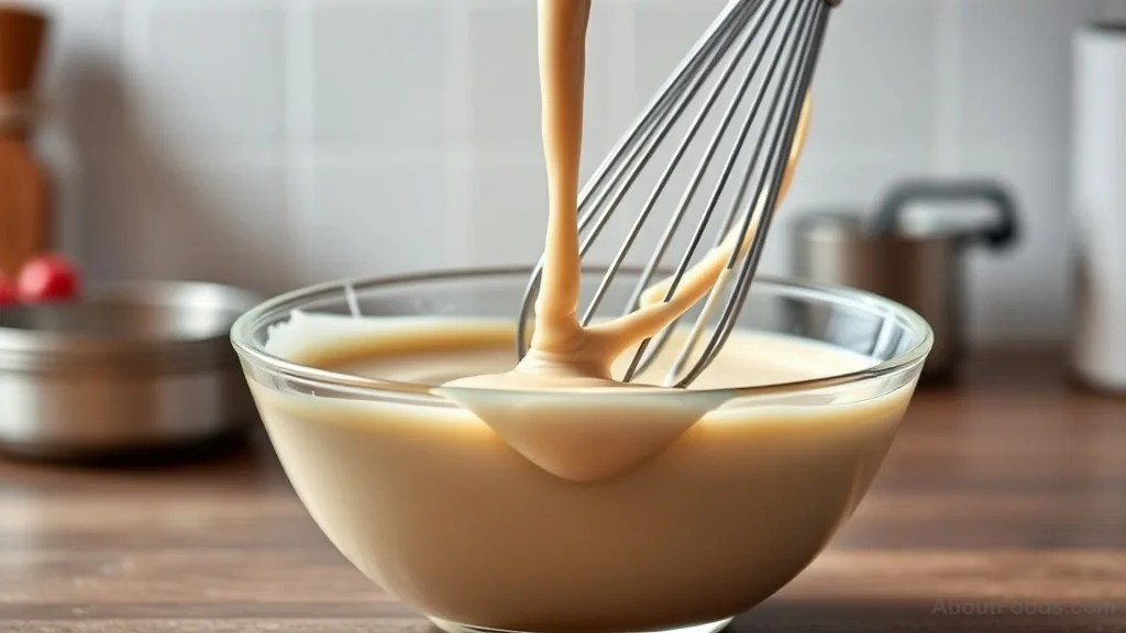 Pouring smooth creamy sauce with a whisk