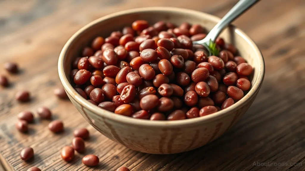 Close-up of a bowl of red kidney beans on a wooden table