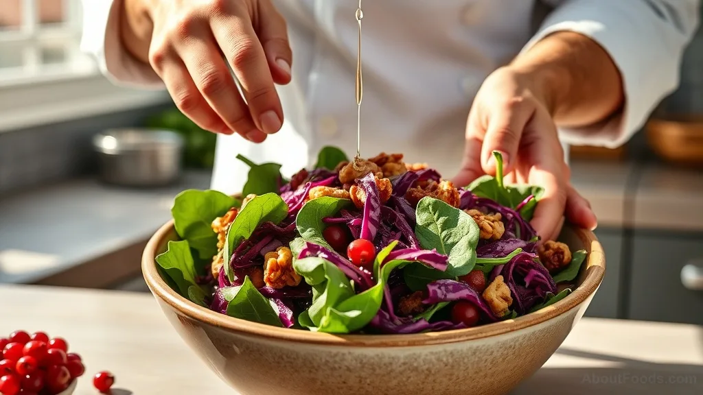 Hands preparing a vibrant antioxidant-rich salad with spinach, red cabbage, pomegranate, and walnuts.