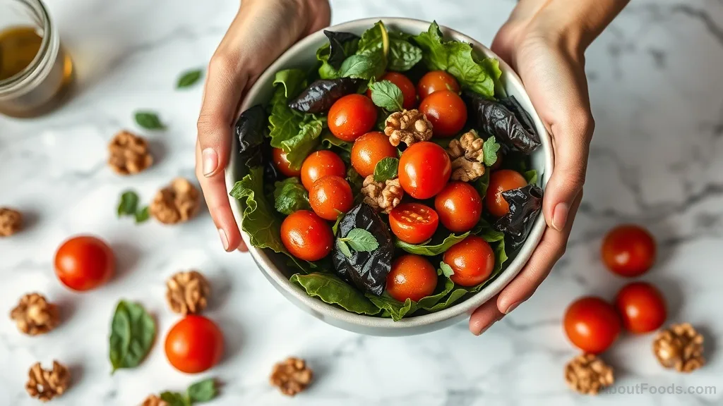 Hands tossing a fresh salad with antioxidant-rich ingredients like greens, tomatoes, and walnuts