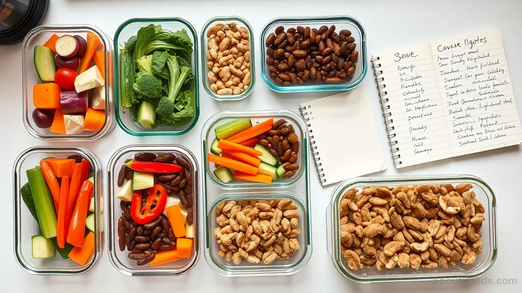 Meal prep containers filled with antioxidant-rich vegetables, legumes, and nuts for the week
