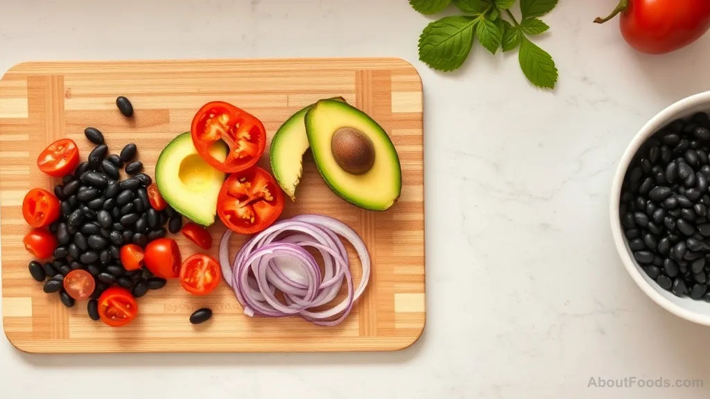 Fresh ingredients for an antioxidant salad including tomatoes, avocado, red onion, and black beans on a cutting board