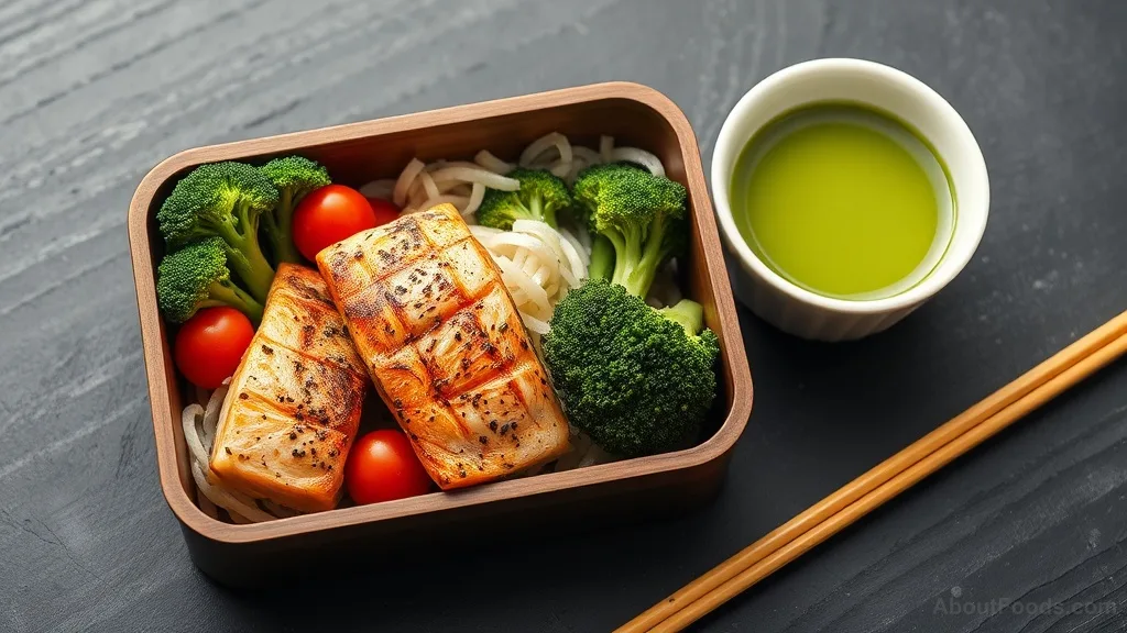 Japanese bento box with antioxidant-rich foods including salmon, vegetables, and matcha tea