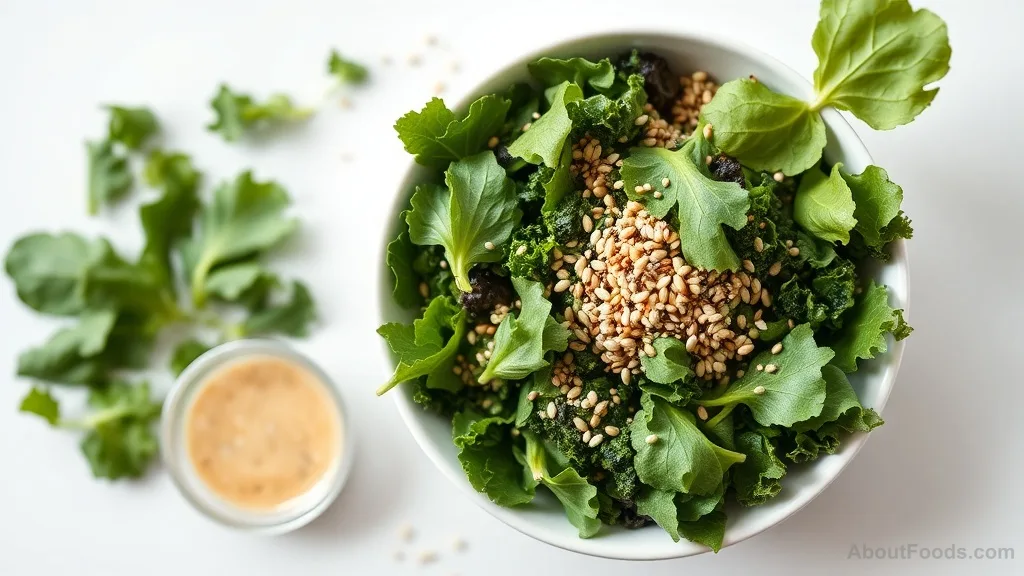 Bowl of mixed green salad with sesame and chia seeds and tahini dressing