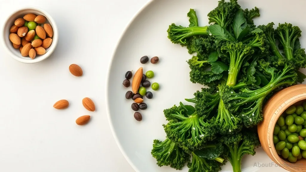 Overhead view of plant-based calcium sources: kale, broccoli, black-eyed peas, almonds, and edamame.