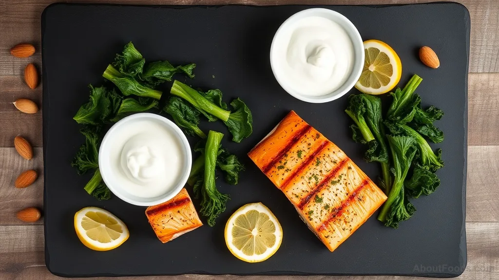 Calcium-rich meal featuring salmon, kale, tofu, and yogurt