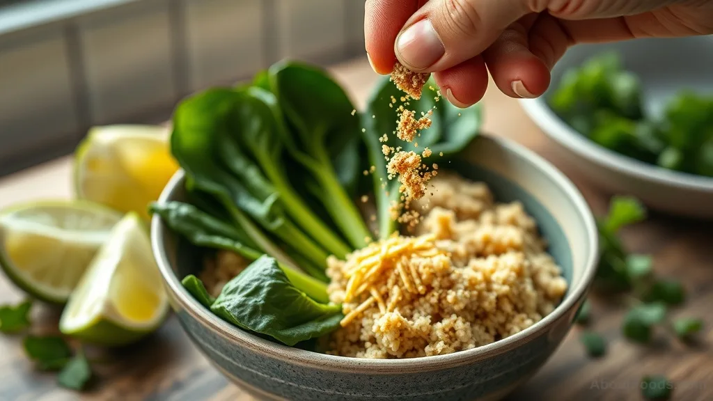 Nutritional yeast being sprinkled over steamed bok choy and quinoa for a calcium boost