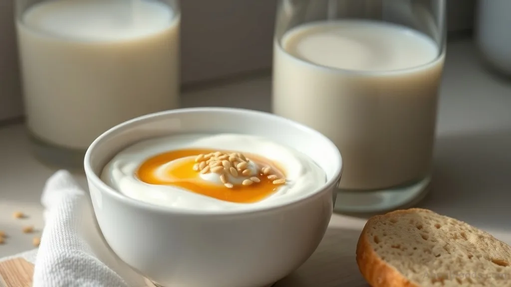 Close-up of Greek yogurt with honey and sesame seeds beside a glass of milk.