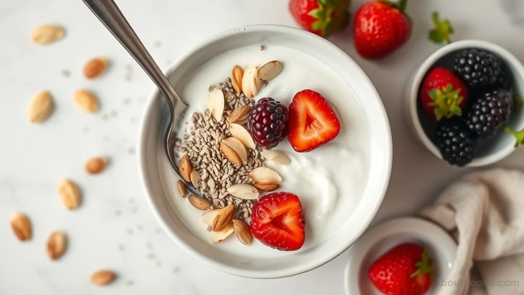 Greek yogurt breakfast bowl with chia seeds, almonds, and berries