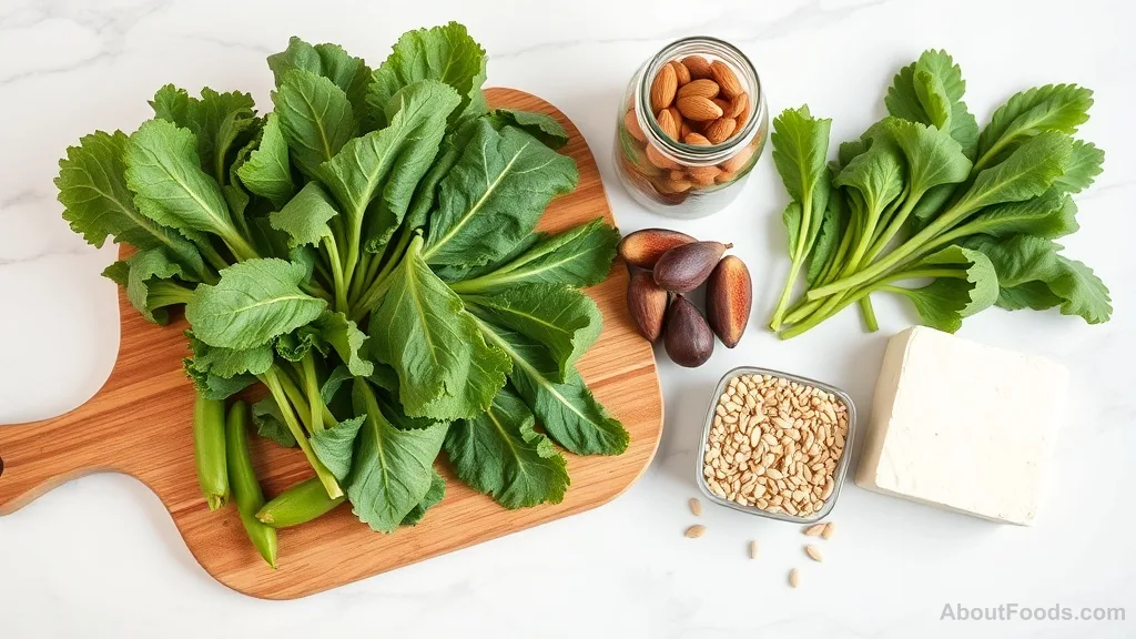 Variety of calcium-rich ingredients including greens, tofu, almonds, figs, and sesame seeds