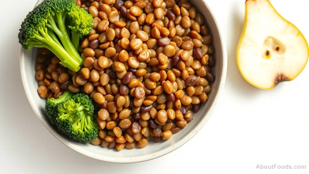 Bowl of lentils with broccoli and sliced pear