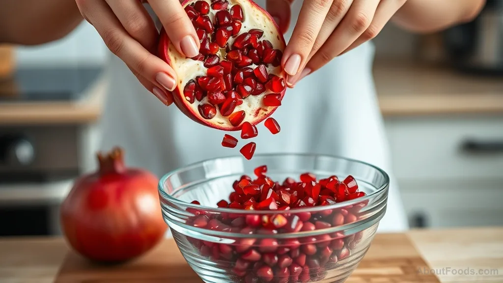 Hands breaking open a ripe pomegranate over a bowl