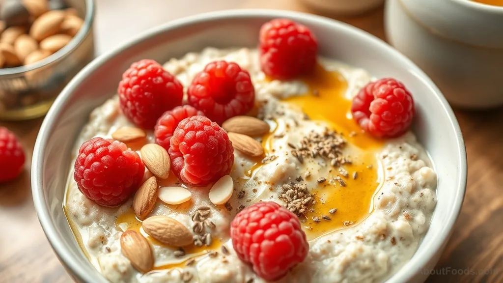 Oatmeal breakfast bowl with berries and nuts, a high-fiber meal