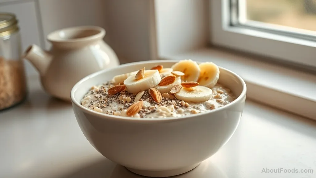 Bowl of oatmeal with chia seeds, banana, and almonds