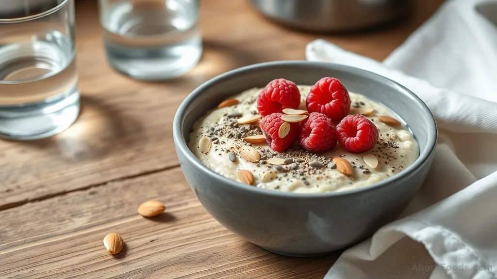 Bowl of oatmeal topped with berries, almonds, and chia seeds.