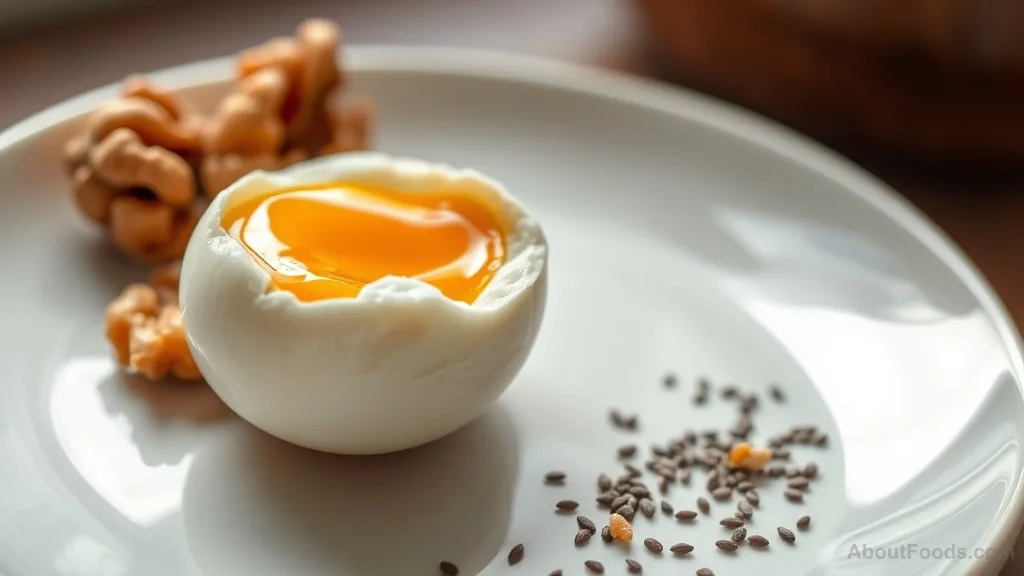 Close-up of a boiled egg with yolk, walnuts, and chia seeds on a plate