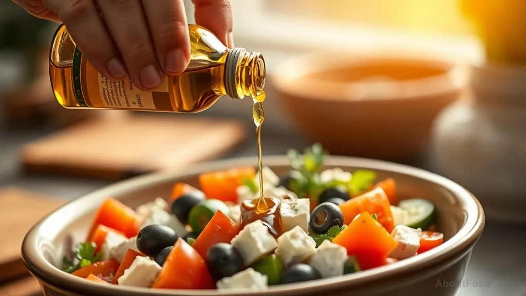 Hands drizzling olive oil over a fresh Greek salad in a bowl.