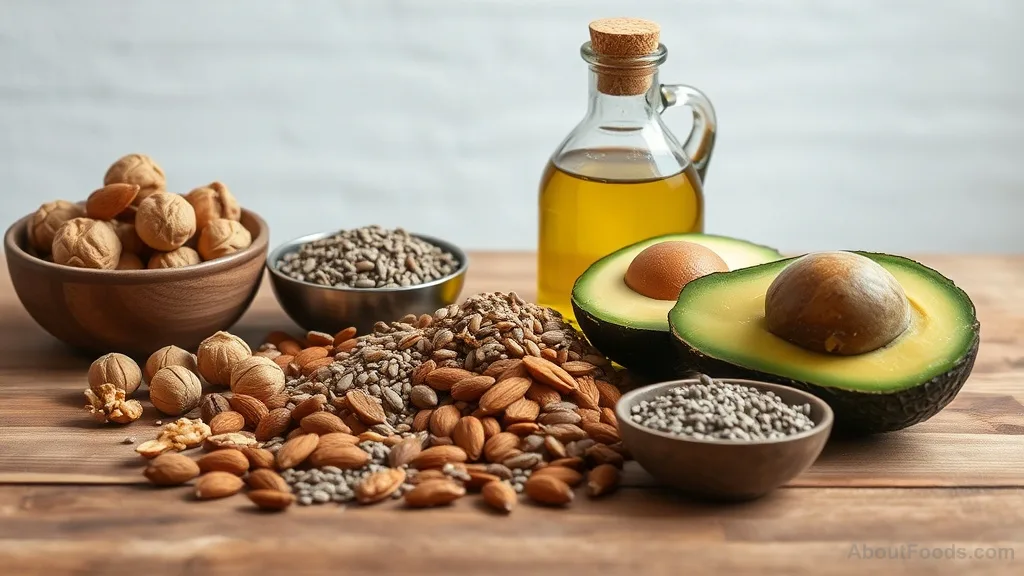 Assortment of healthy fat-rich whole foods including nuts, seeds, olive oil, and avocado